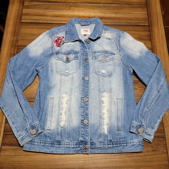 YMI Love Jeans Denim Jacket w/ Embroidered Roses - Size Large* - Picture 1 of 8